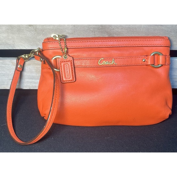 Coach Handbags - Coach Dark Coral Leather Wristlet Clutch‎ Bag Gold Tone Hardware